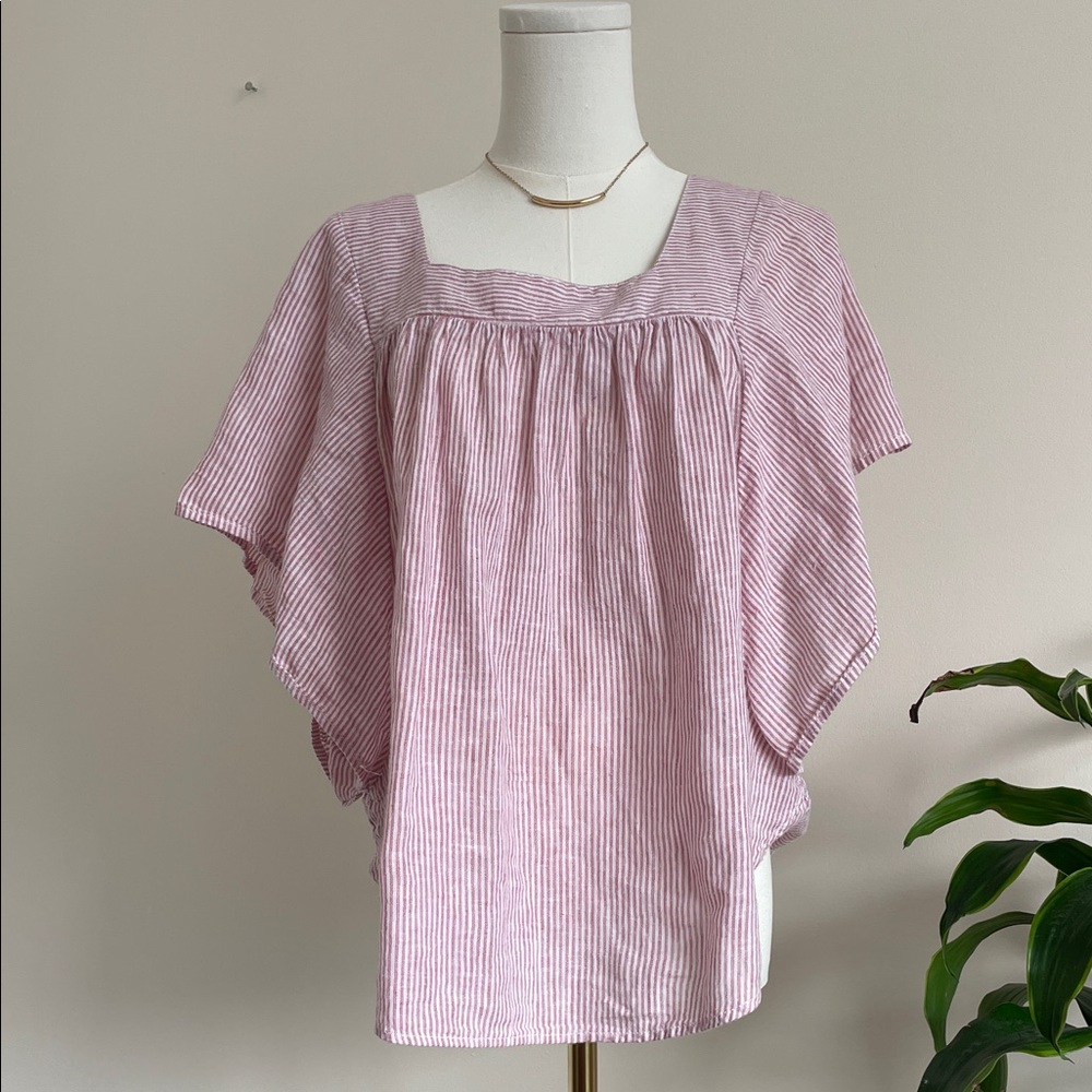 SOLD Pink Striped Square Neck Linen/Cotton Blend Blouse